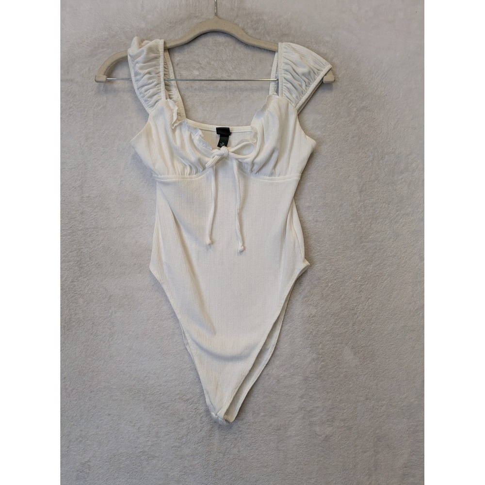 Wild Fable Bodysuit Women's XS White‎ Ruffle Sleeve Tie Front Ribbed Pointelle